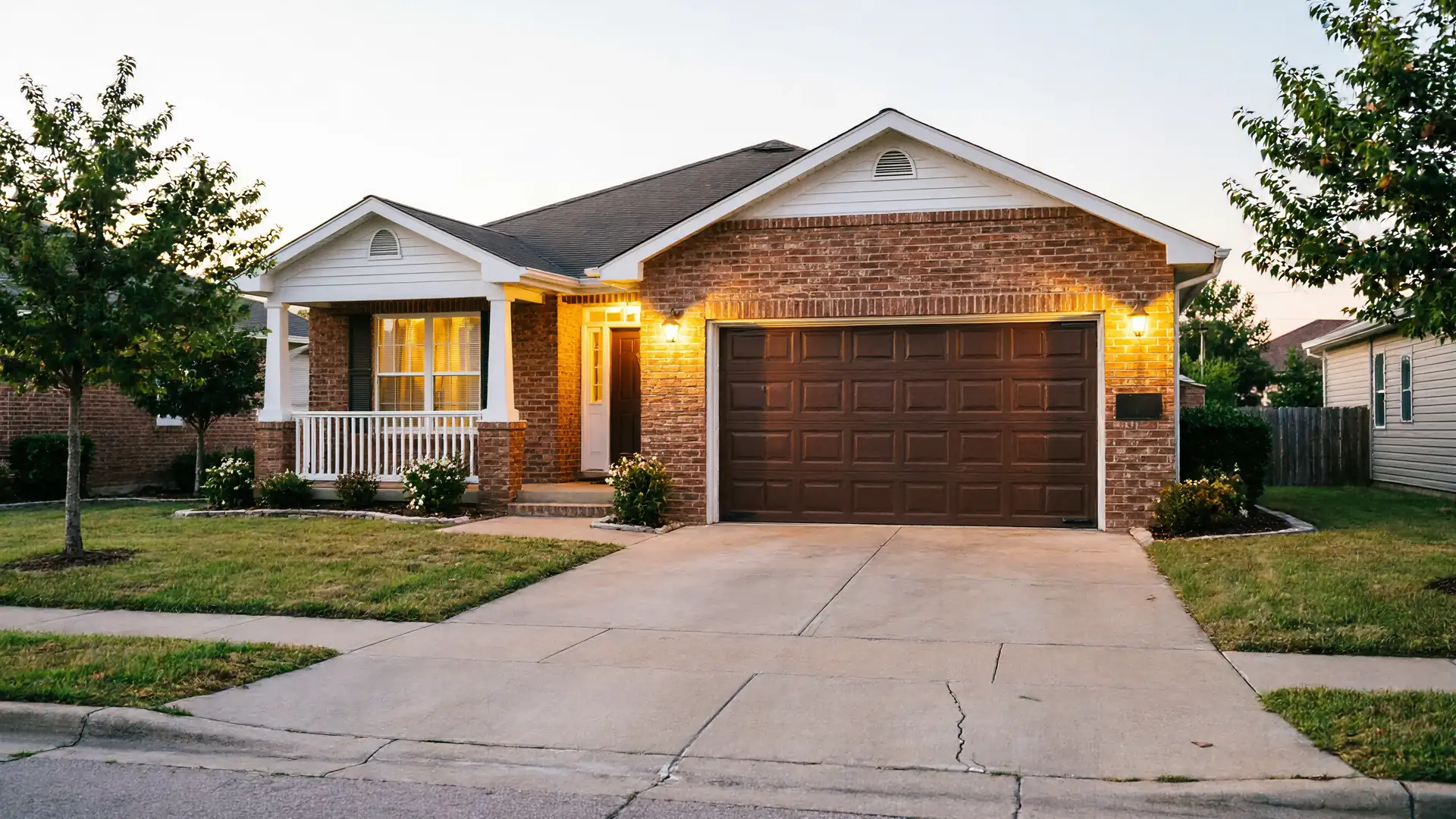 A brick house with a brown garage door and a small front porch.