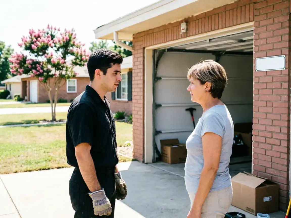 A technician and a woman stand facing each other in a driveway.