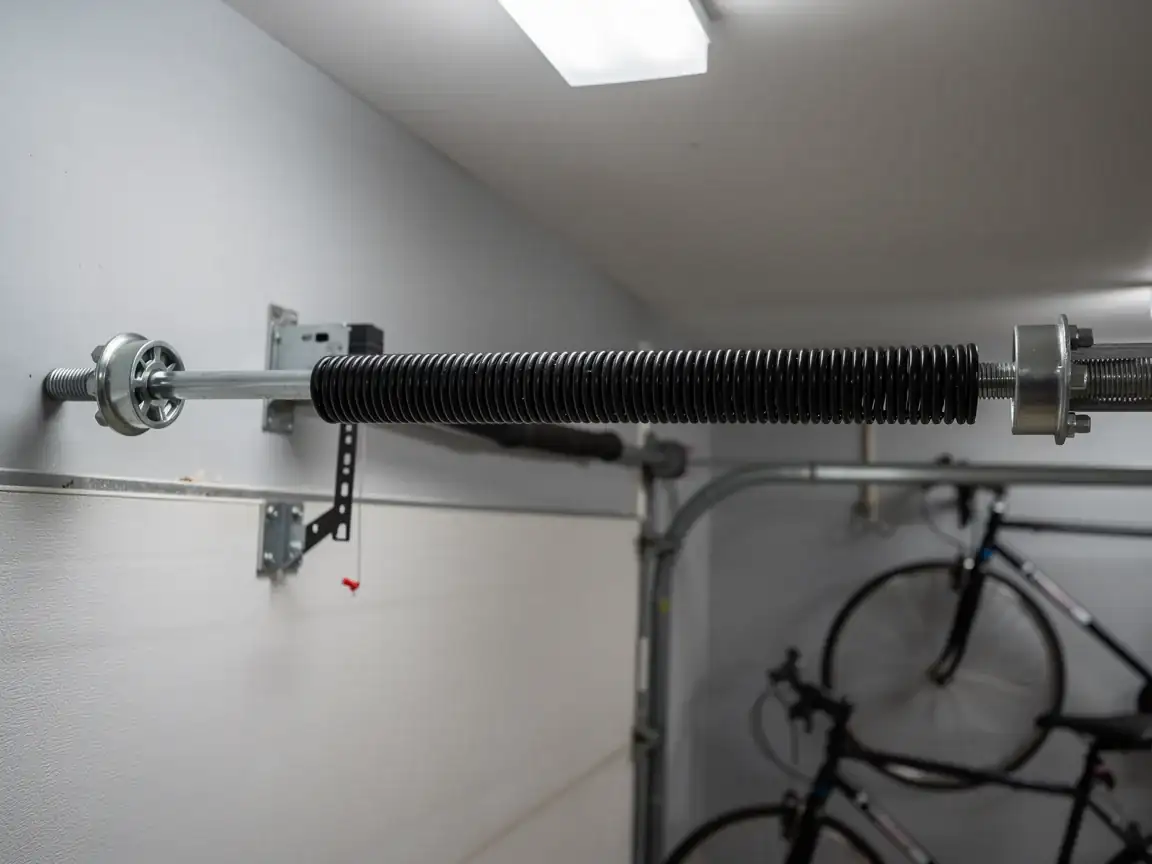 A black torsion spring is mounted above a white garage door.