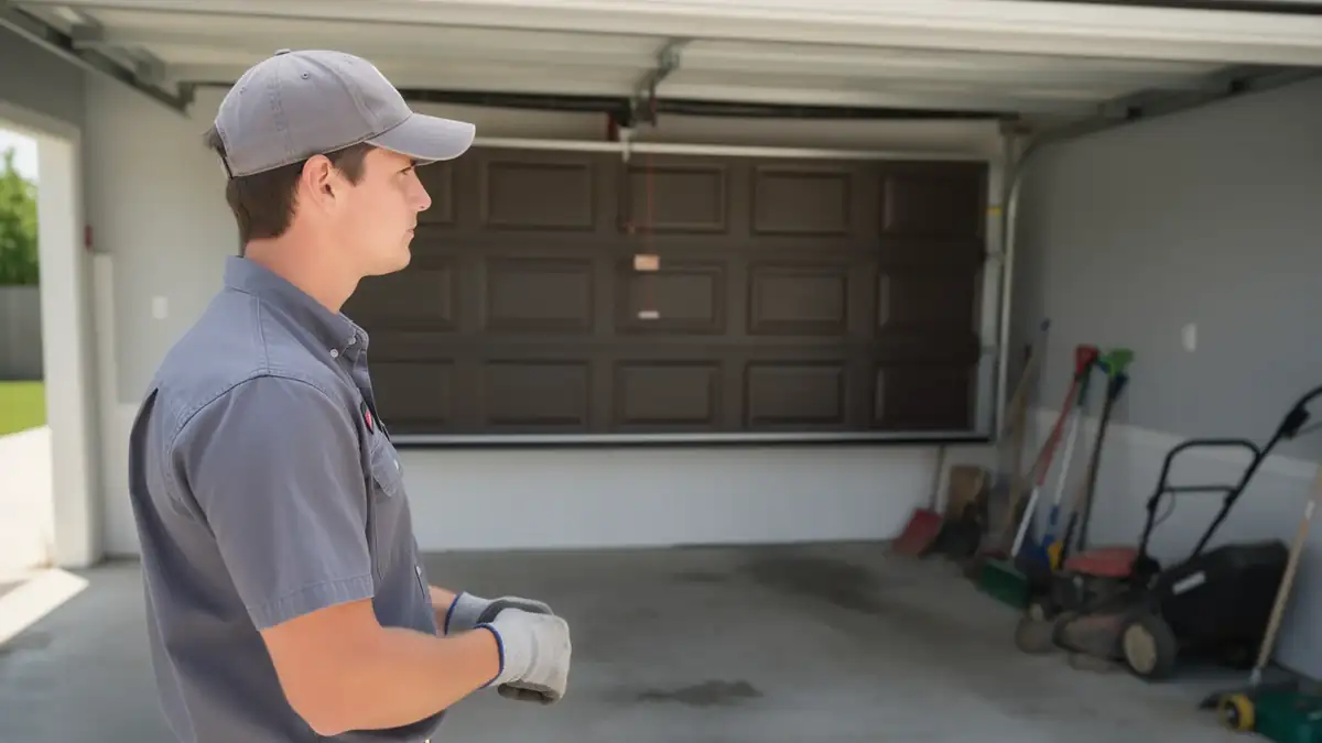 A technician in a gray uniform and cap stands in a garage with a brown door.