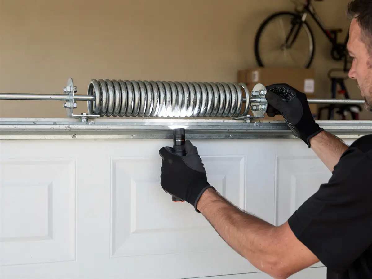 A technician inspects a garage door torsion spring with a flashlight.